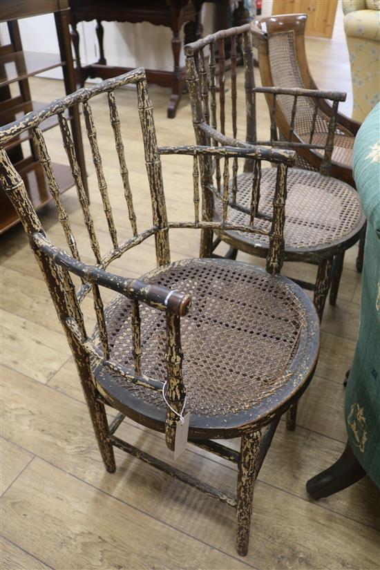 A William IV mahogany caned side chair and a pair of Regency simulated bamboo elbow chairs